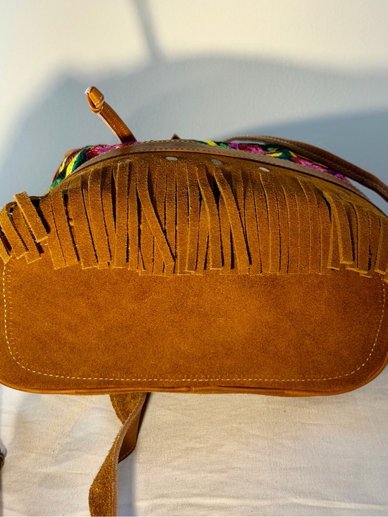 Boho Fringe Suede Backpack with Floral Embroidery - Brown main image 7